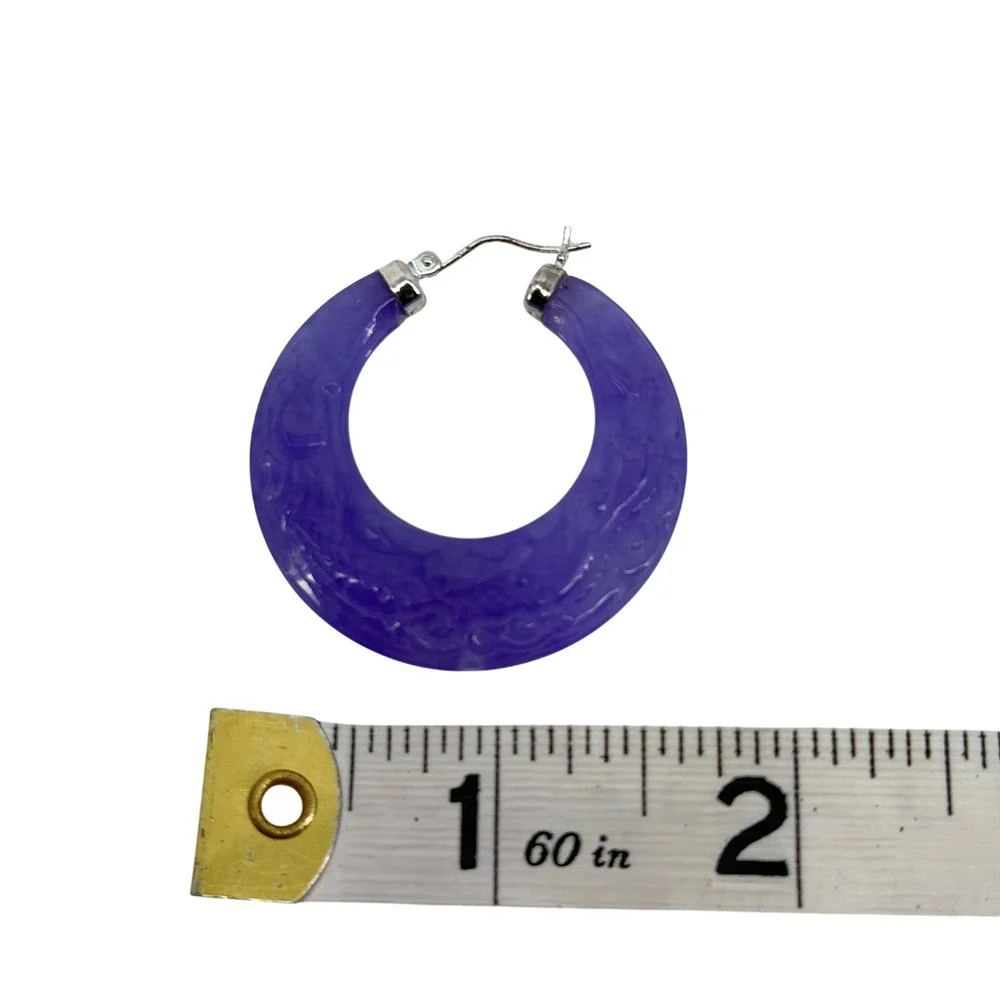 Purple Carved Jadeite Hoop Earrings Sterling Silver Latch Back Statement